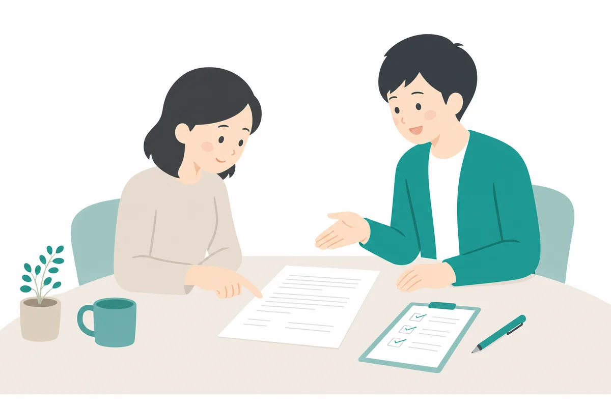 契約書の内容を先生と一緒に確認する保護者